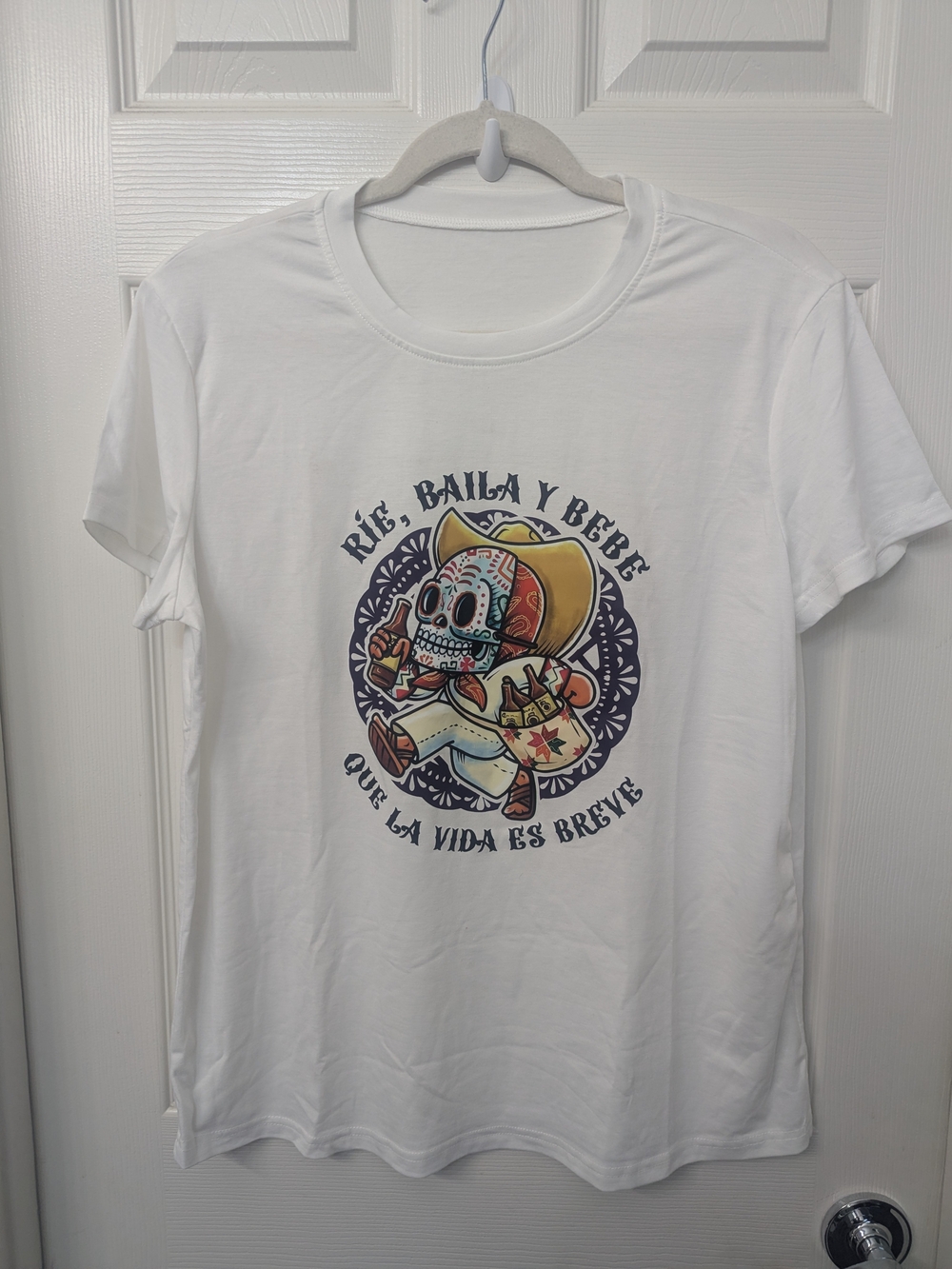 White Graphic Tee with Festive Skull Cowboy Print - Picture 2 of 4